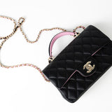 CHANEL Handbag 23P Mini Top Handle Black/Pink Lambskin Quilted w/ Light Gold Hardware - Redeluxe