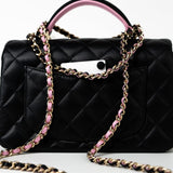 CHANEL Handbag 23P Mini Top Handle Black/Pink Lambskin Quilted w/ Light Gold Hardware - Redeluxe