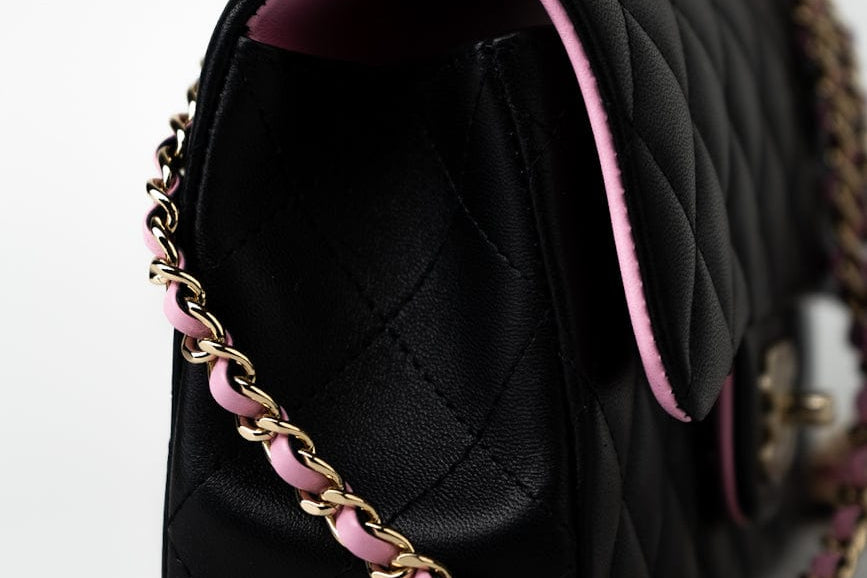 CHANEL Handbag 23P Mini Top Handle Black/Pink Lambskin Quilted w/ Light Gold Hardware - Redeluxe