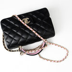 CHANEL Handbag 23P Mini Top Handle Black/Pink Lambskin Quilted w/ Light Gold Hardware - Redeluxe