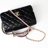 CHANEL Handbag 23P Mini Top Handle Black/Pink Lambskin Quilted w/ Light Gold Hardware - Redeluxe