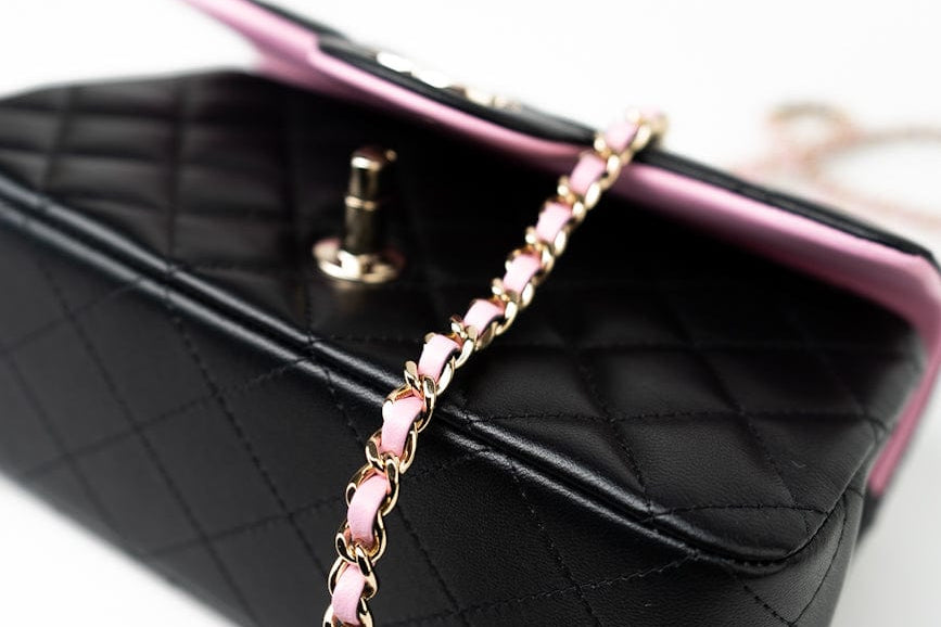 CHANEL Handbag 23P Mini Top Handle Black/Pink Lambskin Quilted w/ Light Gold Hardware - Redeluxe