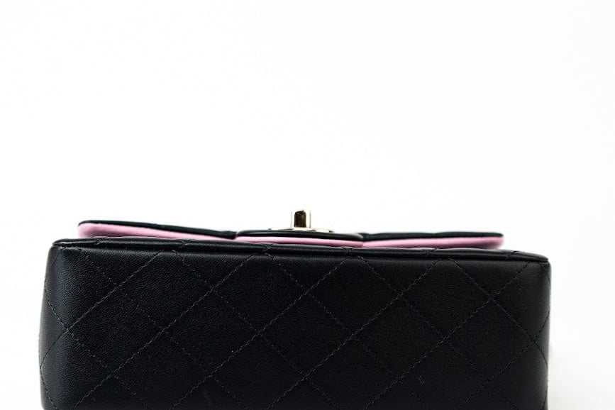 CHANEL Handbag 23P Mini Top Handle Black/Pink Lambskin Quilted w/ Light Gold Hardware - Redeluxe