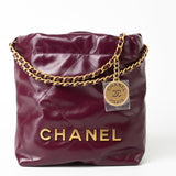 CHANEL Handbag 23S Mini 22 Drawstring Bag Burgundy Calfskin Quilted AGHW - Redeluxe