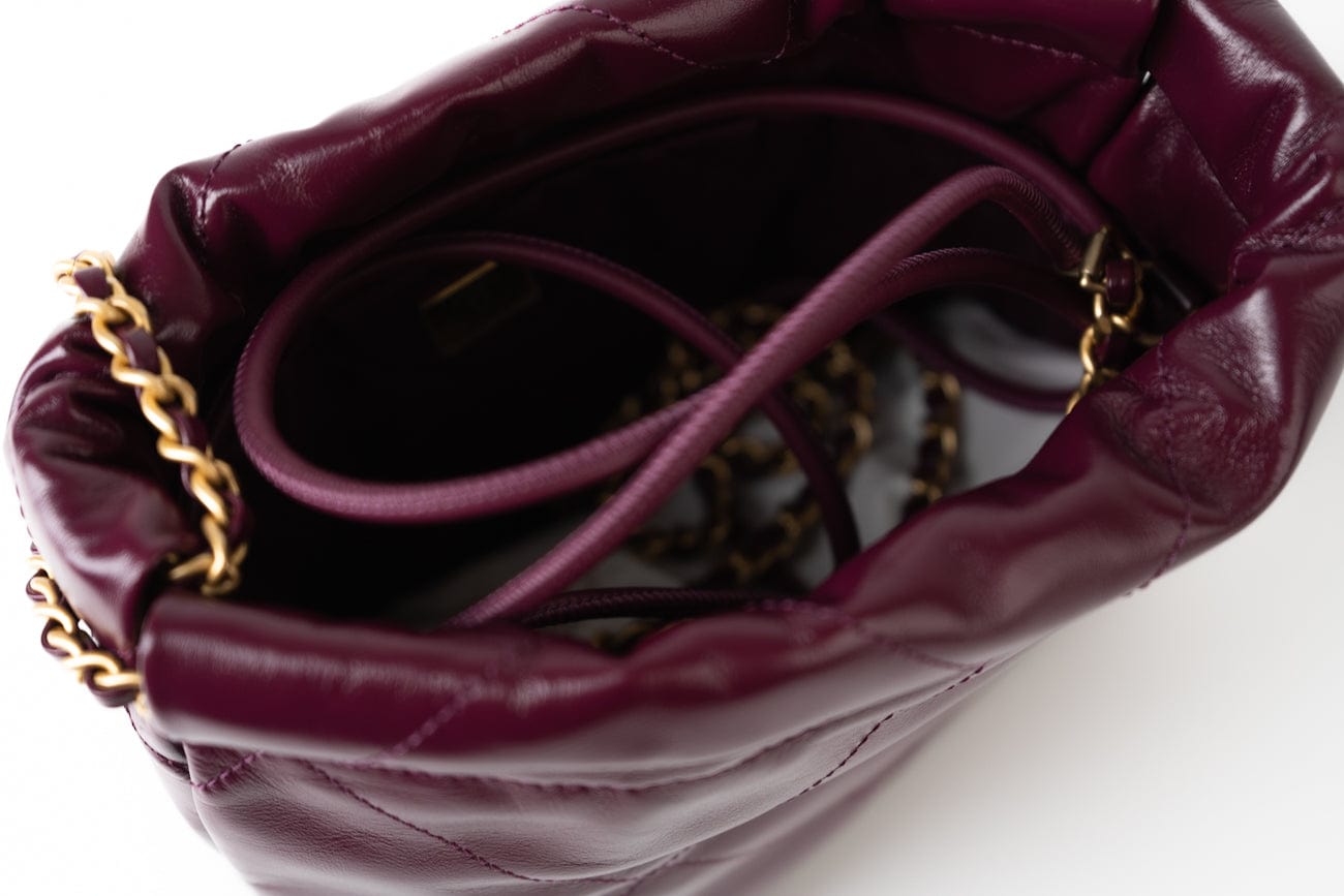 CHANEL Handbag 23S Mini 22 Drawstring Bag Burgundy Calfskin Quilted AGHW - Redeluxe
