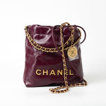CHANEL Handbag 23S Mini 22 Drawstring Bag Burgundy Calfskin Quilted AGHW - Redeluxe