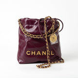 CHANEL Handbag 23S Mini 22 Drawstring Bag Burgundy Calfskin Quilted AGHW - Redeluxe