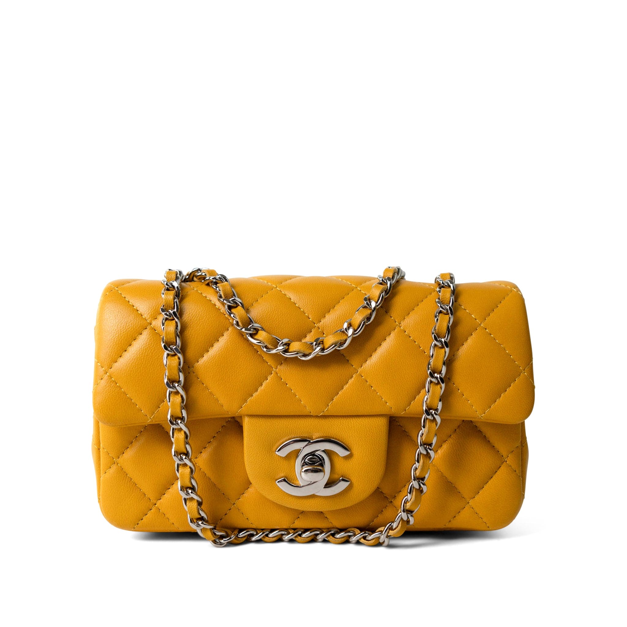 CHANEL Handbag Autumn Yellow Lambskin Quilted Extra Mini Rectangular Flap Silver Hardware - Redeluxe