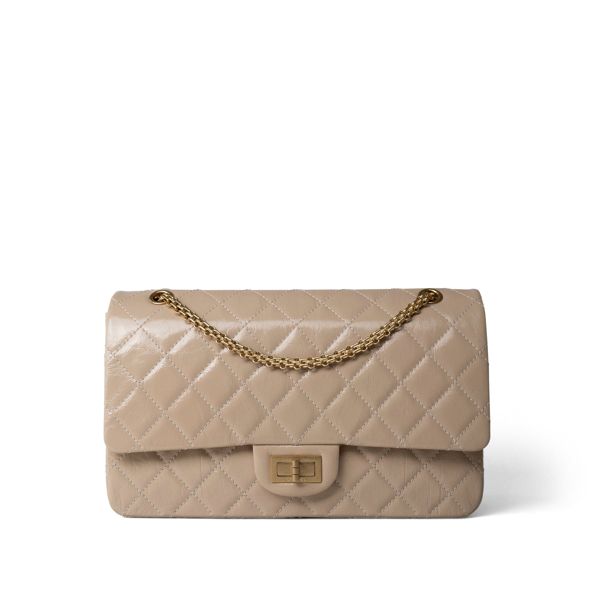 CHANEL Handbag Beige 15P Beige Crumpled Calfskin Quilted Reissue 2.55 Flap 227 Aged Gold Hardware - Redeluxe