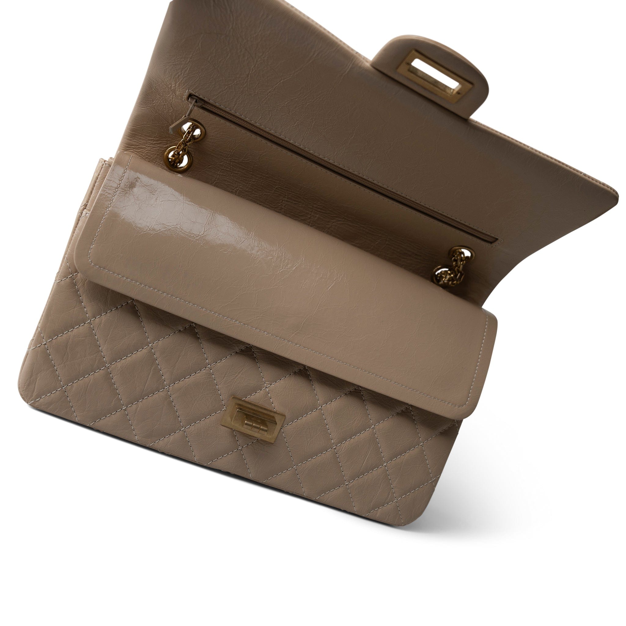 CHANEL Handbag Beige 15P Beige Crumpled Calfskin Quilted Reissue 2.55 Flap 227 Aged Gold Hardware - Redeluxe