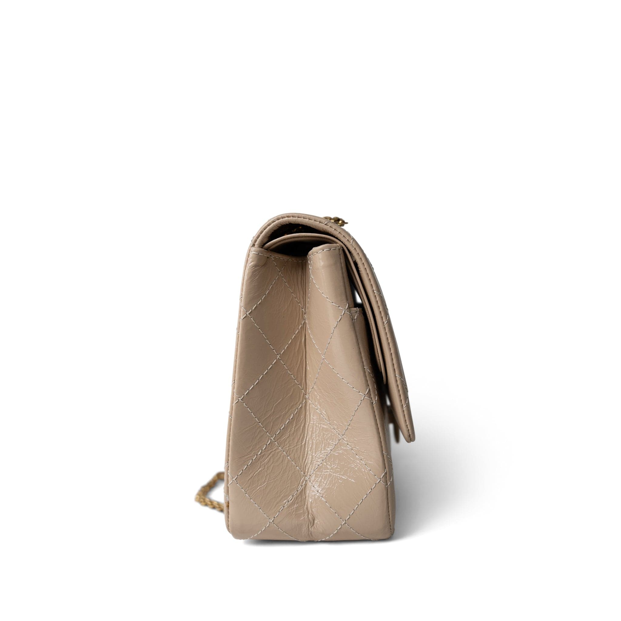 CHANEL Handbag Beige 15P Beige Crumpled Calfskin Quilted Reissue 2.55 Flap 227 Aged Gold Hardware - Redeluxe