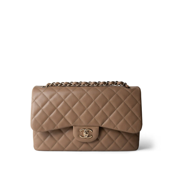 【希少】CHANEL BEIGE ALAIN DUCASSE カメリア　フェーヴ 22A Dark Beige Caviar Quilted Jumbo Classic Flap Light Gold