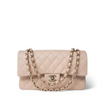 CHANEL Handbag Beige 22C Beige Caviar Quilted Medium Classic Flap Light Gold Hardware - Redeluxe