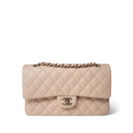 CHANEL Handbag Beige 22C Beige Caviar Quilted Medium Classic Flap Light Gold Hardware - Redeluxe