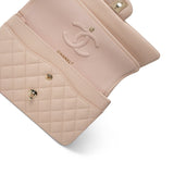 CHANEL Handbag Beige 22C Beige Caviar Quilted Medium Classic Flap Light Gold Hardware - Redeluxe