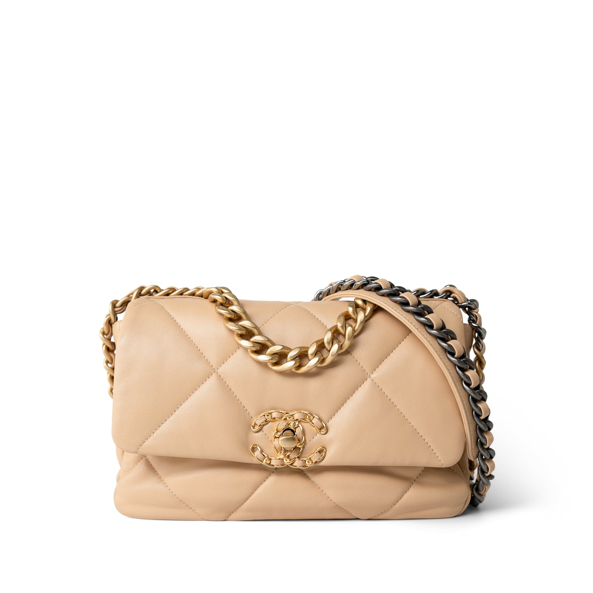 CHANEL Handbag Beige 22C Beige Clair Lambskin Quilted 19 Flap Small Mixed Hardware - Redeluxe