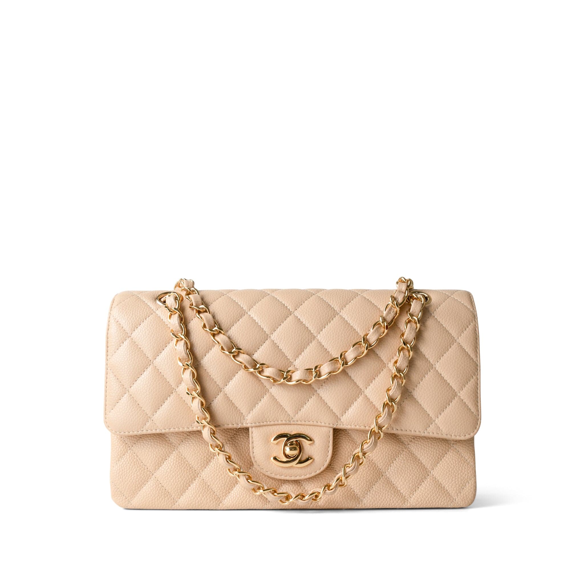 CHANEL Handbag Beige Beige Clair Caviar Quilted Classic Flap Medium Gold Hardware - Redeluxe