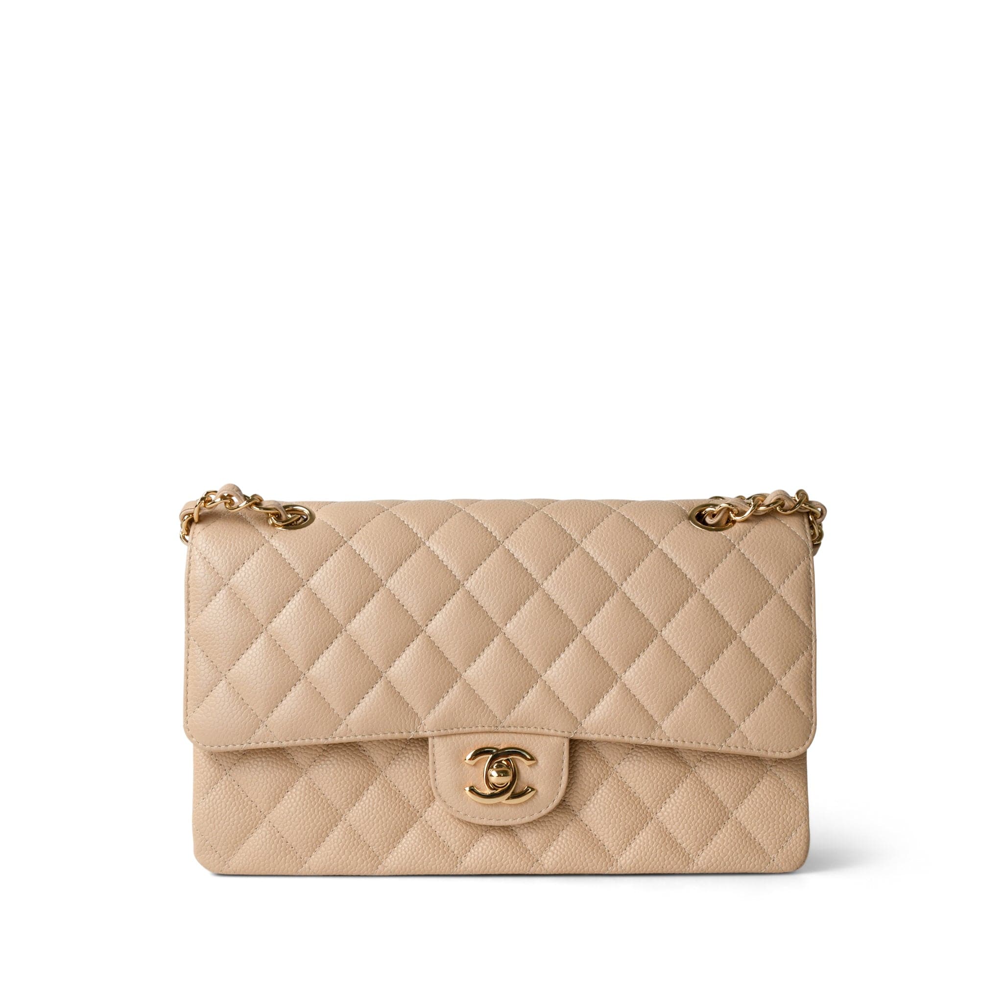 CHANEL Handbag Beige Beige Clair Caviar Quilted Classic Flap Medium Gold Hardware - Redeluxe