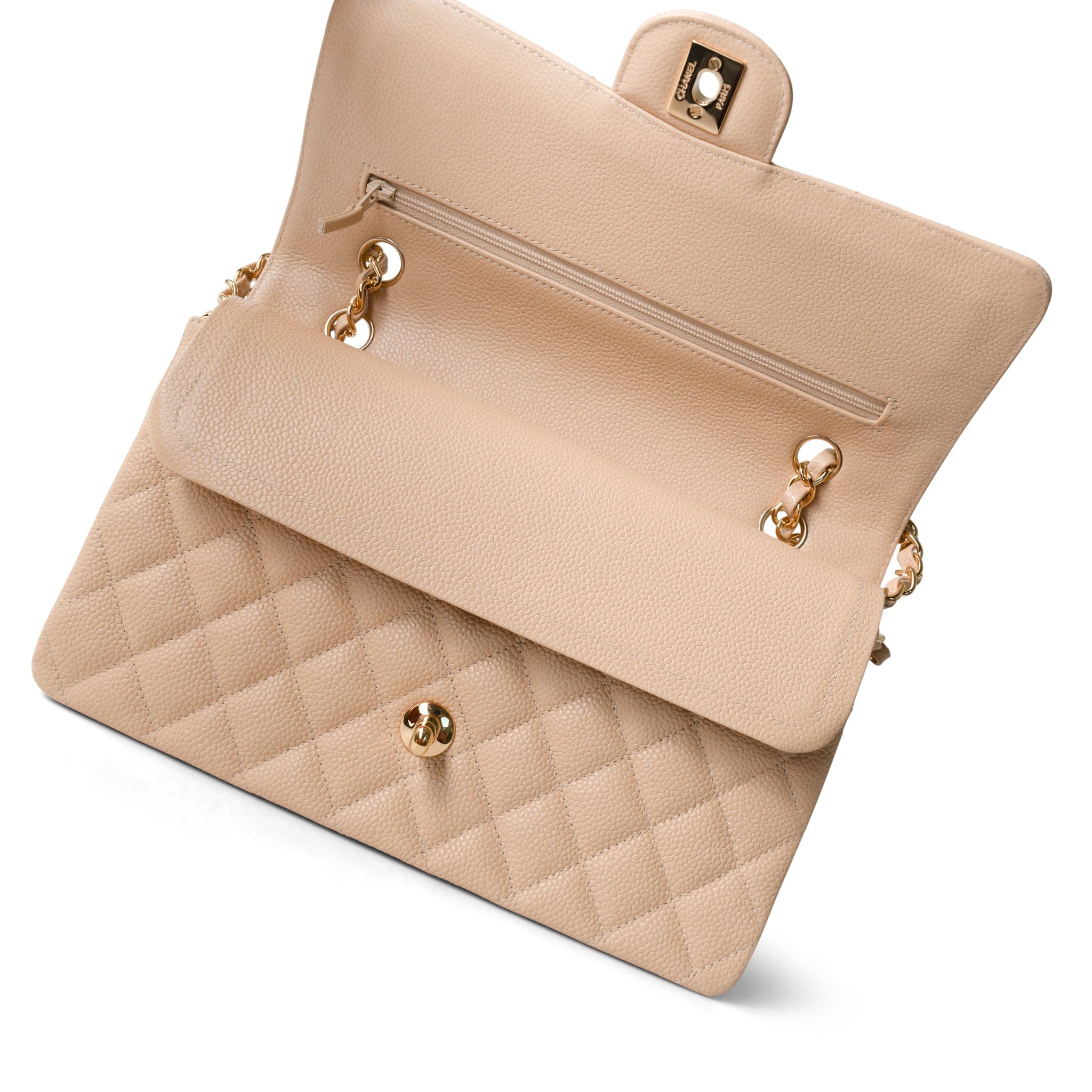 CHANEL Handbag Beige Beige Clair Caviar Quilted Classic Flap Medium Gold Hardware - Redeluxe