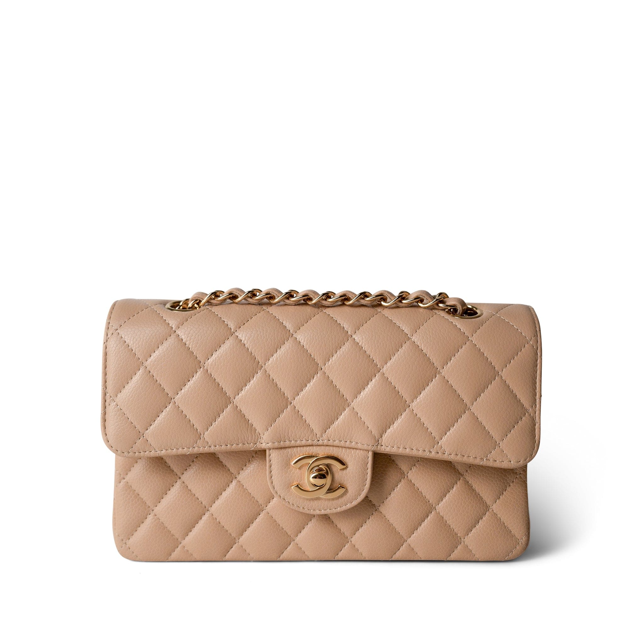 CHANEL Handbag Beige Beige Clair Caviar Quilted Classic Flap Small Gold Hardware - Redeluxe