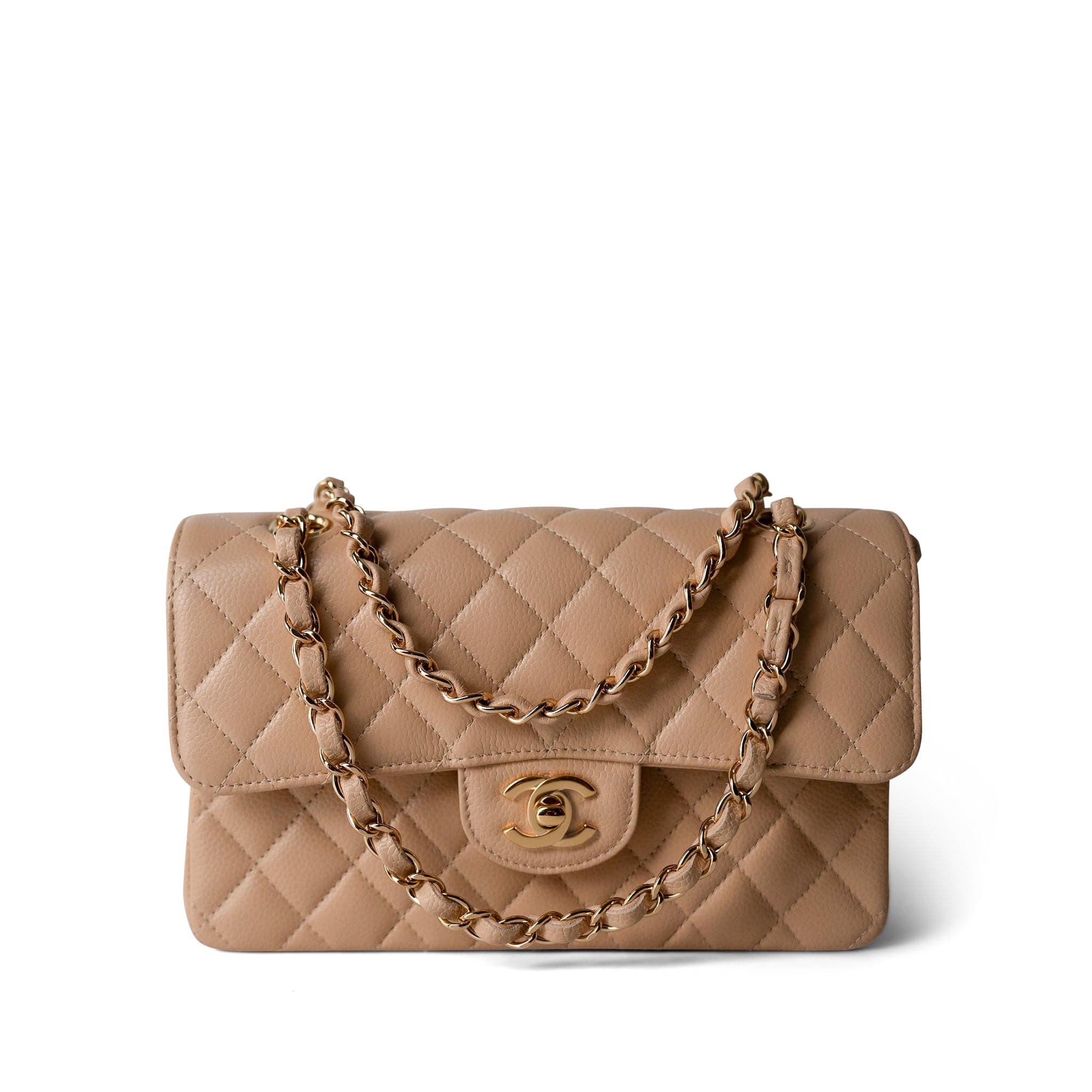 CHANEL Handbag Beige Beige Clair Caviar Quilted Classic Flap Small Gold Hardware - Redeluxe