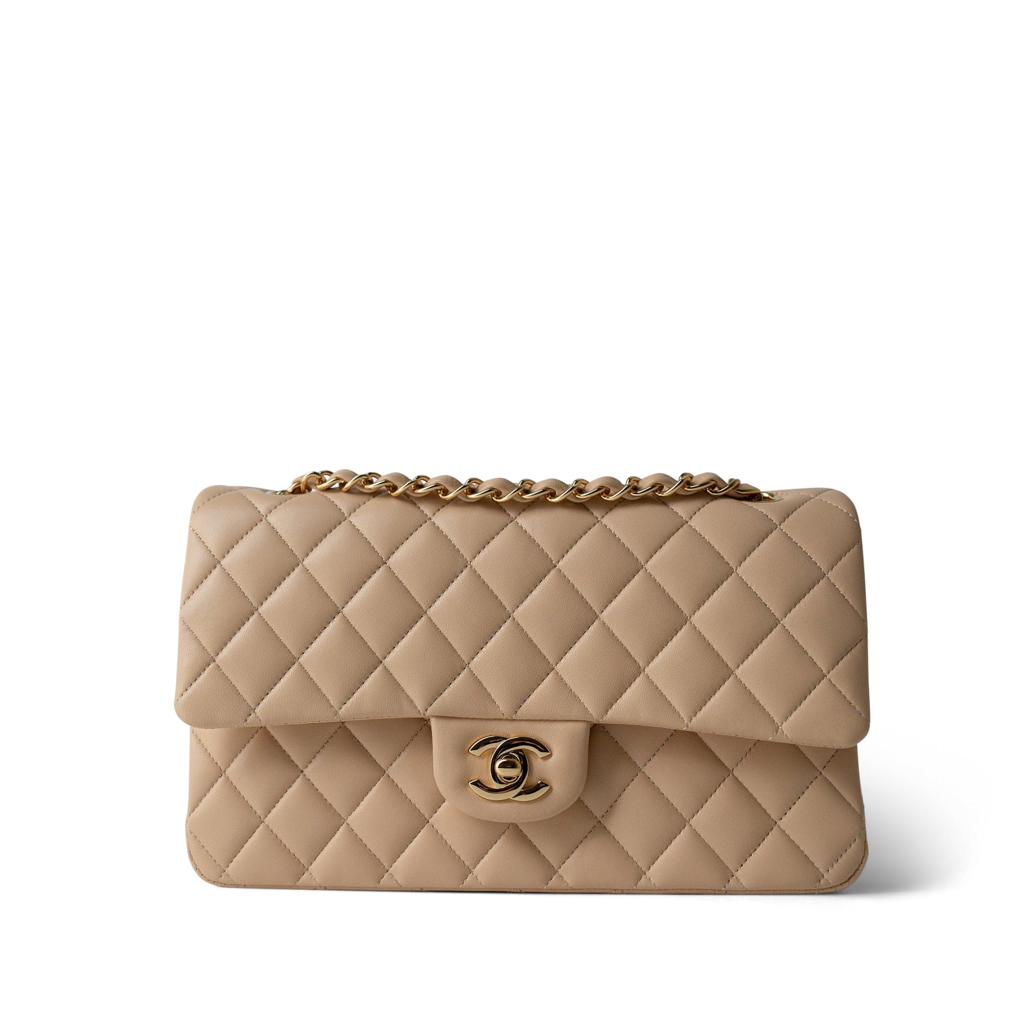 CHANEL Handbag Beige Beige Clair Lambskin Quilted Classic Flap Medium Gold Hardware - Redeluxe