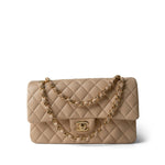 CHANEL Handbag Beige Beige Clair Lambskin Quilted Classic Flap Medium Gold Hardware - Redeluxe