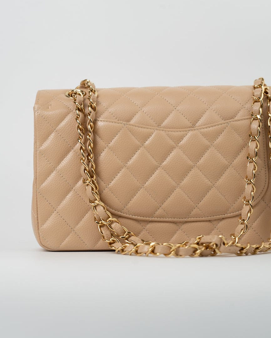 CHANEL Handbag Beige Clair Caviar Quilted Classic Double Flap Medium Gold Hardware - Redeluxe