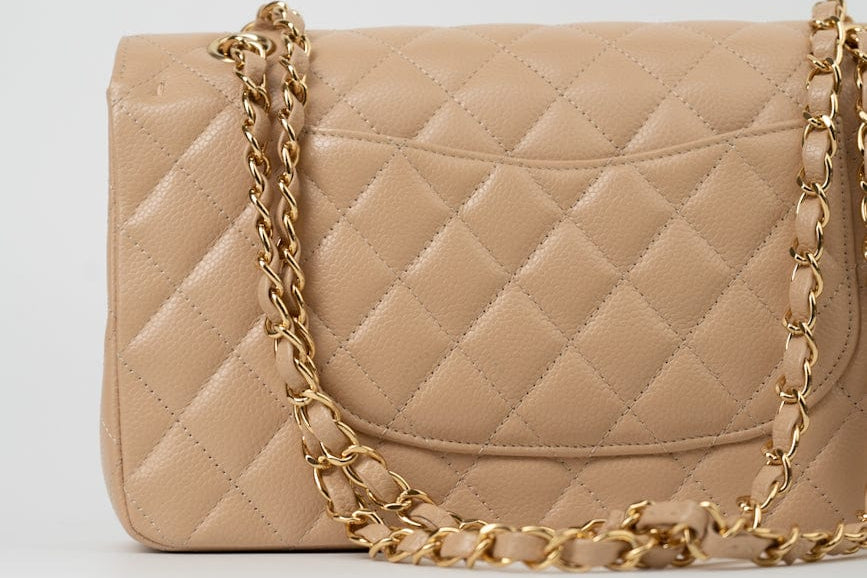 CHANEL Handbag Beige Clair Caviar Quilted Classic Double Flap Medium Gold Hardware - Redeluxe