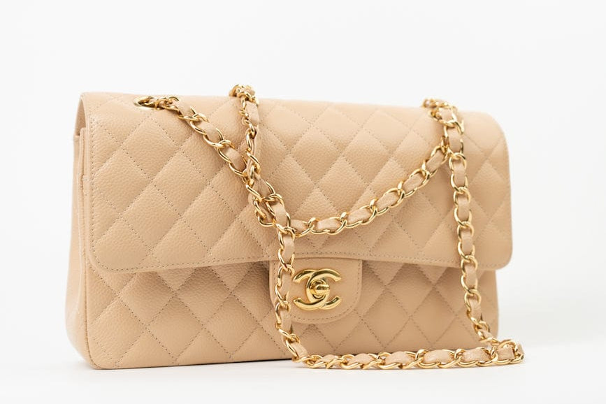 CHANEL Handbag Beige Clair Caviar Quilted Classic Double Flap Medium Gold Hardware - Redeluxe