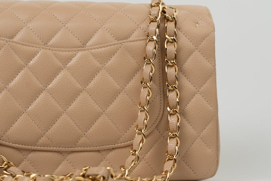 CHANEL Handbag Beige Clair Caviar Quilted Classic Double Flap Medium Gold Hardware - Redeluxe