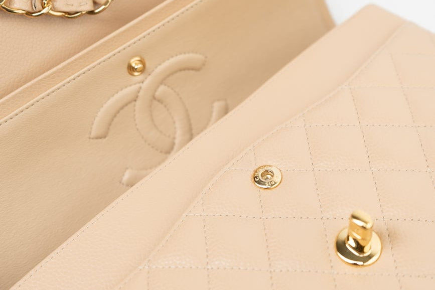 CHANEL Handbag Beige Clair Caviar Quilted Classic Double Flap Medium Gold Hardware - Redeluxe