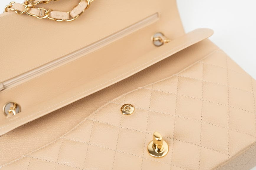 CHANEL Handbag Beige Clair Caviar Quilted Classic Double Flap Medium Gold Hardware - Redeluxe