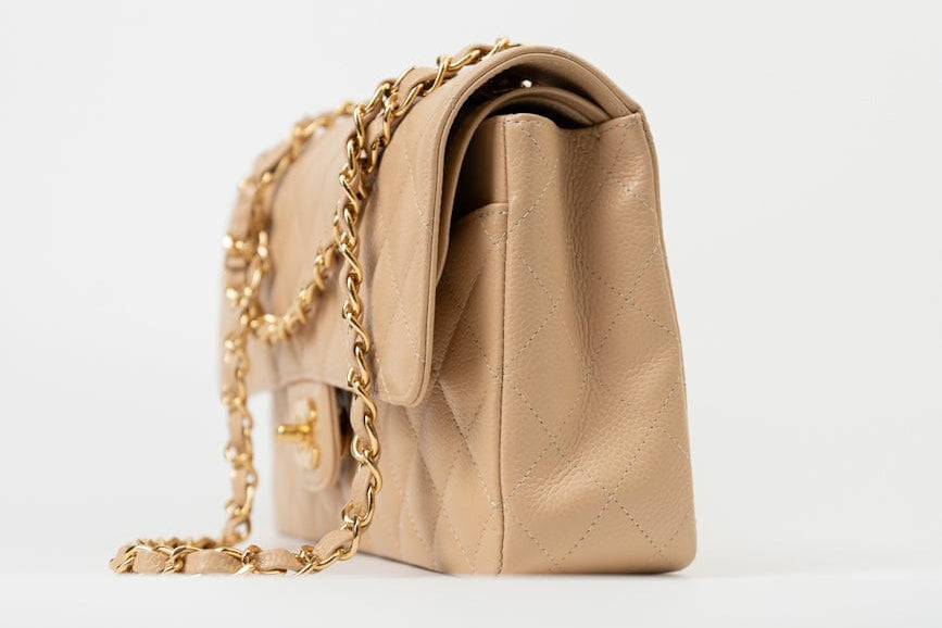 CHANEL Handbag Beige Clair Caviar Quilted Classic Double Flap Medium Gold Hardware - Redeluxe
