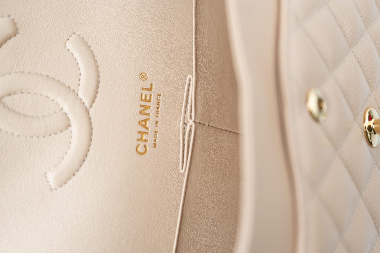 CHANEL Handbag Beige Clair Caviar Quilted Classic Double Flap Medium Gold Hardware - Redeluxe