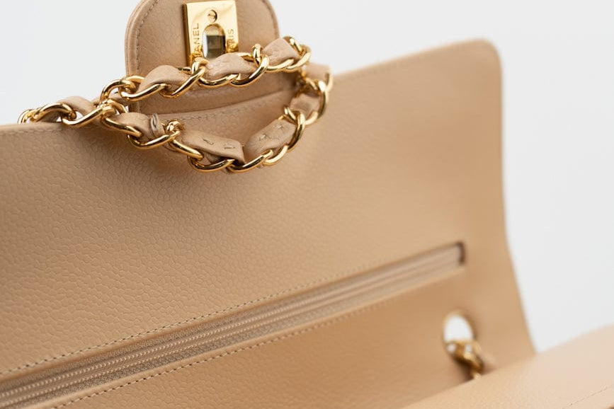 CHANEL Handbag Beige Clair Caviar Quilted Classic Double Flap Medium Gold Hardware - Redeluxe