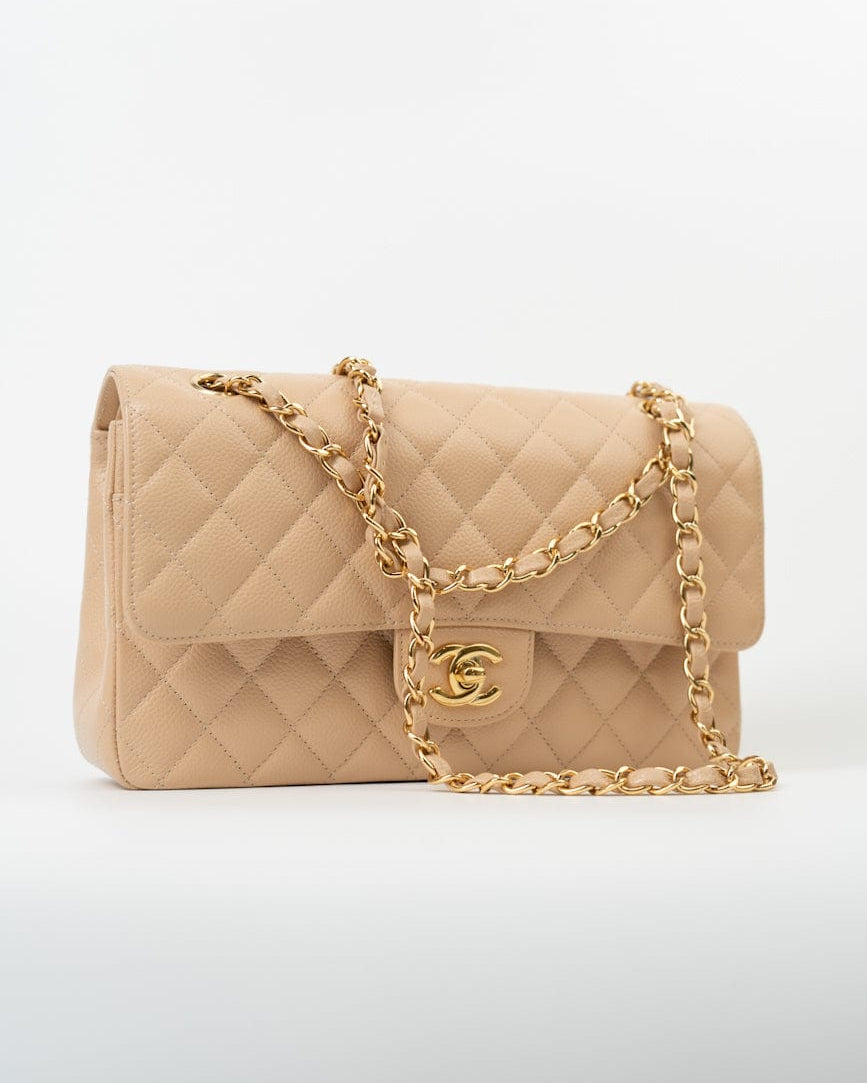 CHANEL Handbag Beige Clair Caviar Quilted Classic Double Flap Medium Gold Hardware - Redeluxe