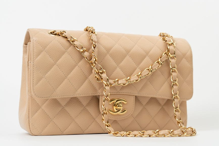 CHANEL Handbag Beige Clair Caviar Quilted Classic Double Flap Medium Gold Hardware - Redeluxe