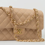 CHANEL Handbag Beige Clair Caviar Quilted Classic Double Flap Medium Gold Hardware - Redeluxe
