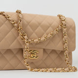 CHANEL Handbag Beige Clair Caviar Quilted Classic Double Flap Medium Gold Hardware - Redeluxe