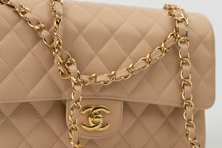 CHANEL Handbag Beige Clair Caviar Quilted Classic Double Flap Medium Gold Hardware - Redeluxe
