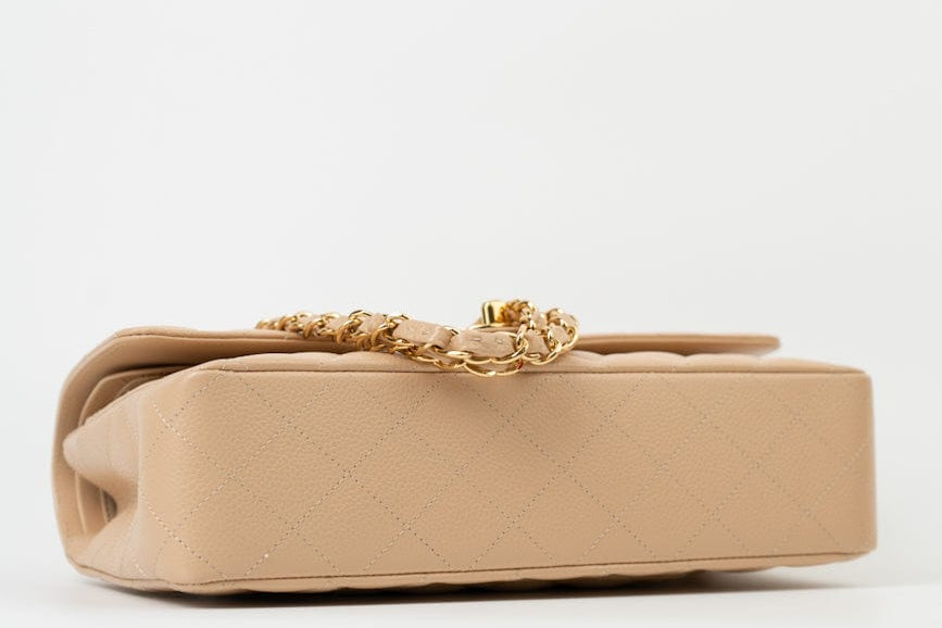 CHANEL Handbag Beige Clair Caviar Quilted Classic Double Flap Medium Gold Hardware - Redeluxe