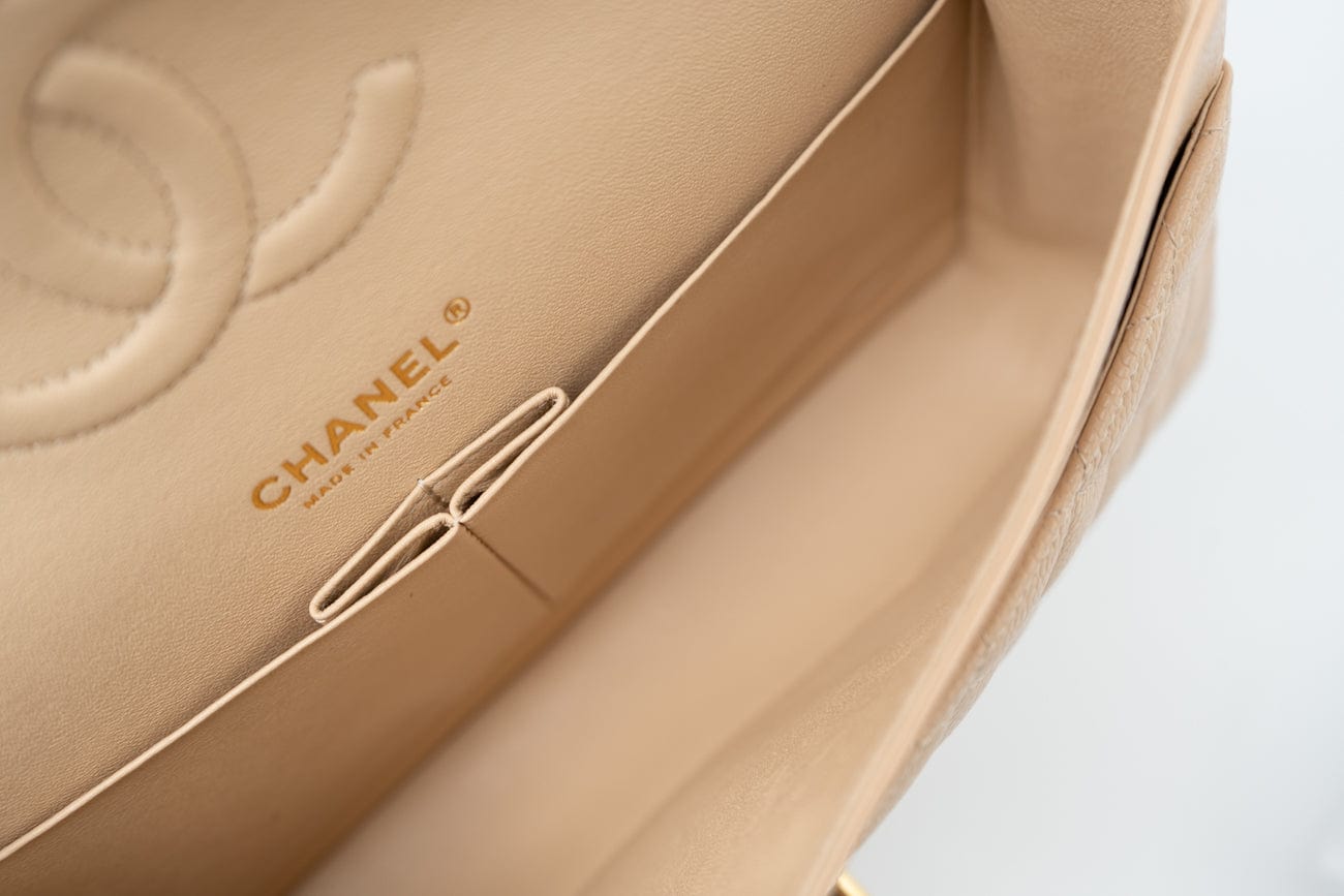 CHANEL Handbag Beige Clair Caviar Quilted Classic Double Flap Medium Gold Hardware - Redeluxe