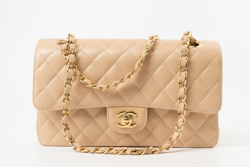 CHANEL Handbag Beige Clair Caviar Quilted Classic Double Flap Medium Gold Hardware - Redeluxe