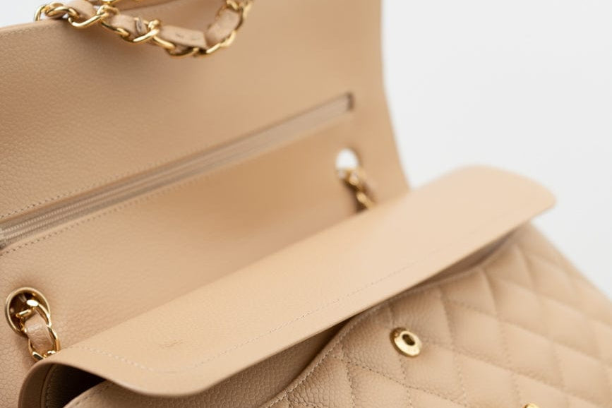 CHANEL Handbag Beige Clair Caviar Quilted Classic Double Flap Medium Gold Hardware - Redeluxe