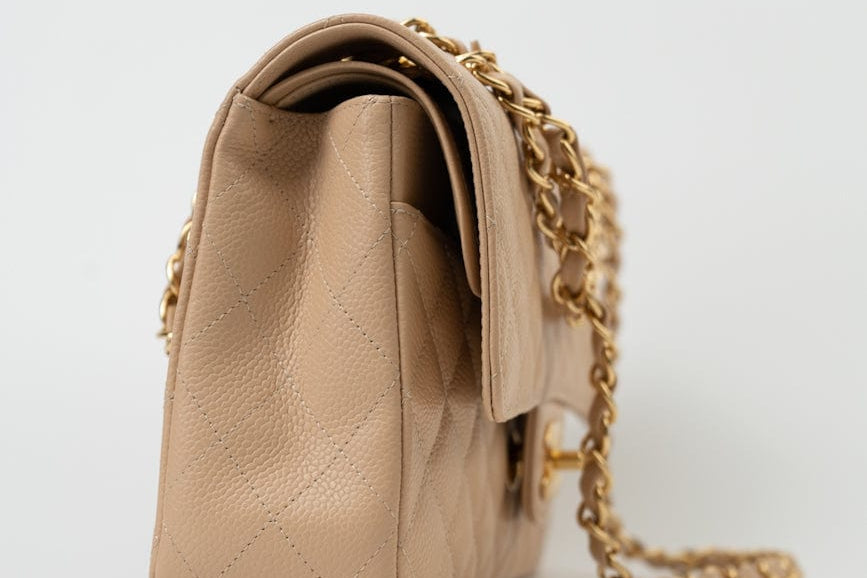 CHANEL Handbag Beige Clair Caviar Quilted Classic Double Flap Medium Gold Hardware - Redeluxe