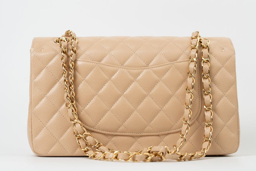 CHANEL Handbag Beige Clair Caviar Quilted Classic Double Flap Medium Gold Hardware - Redeluxe