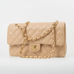 CHANEL Handbag Beige Clair Caviar Quilted Classic Double Flap Medium Gold Hardware - Redeluxe