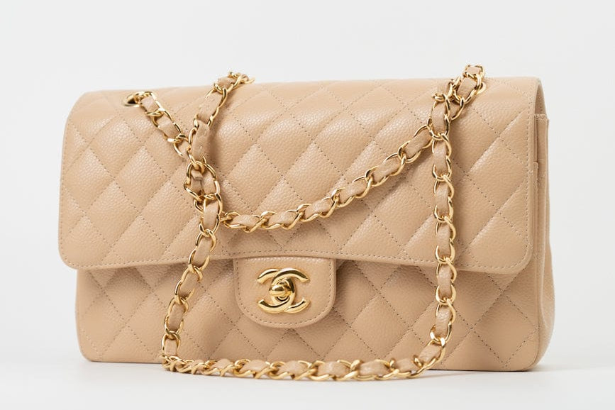 CHANEL Handbag Beige Clair Caviar Quilted Classic Double Flap Medium Gold Hardware - Redeluxe