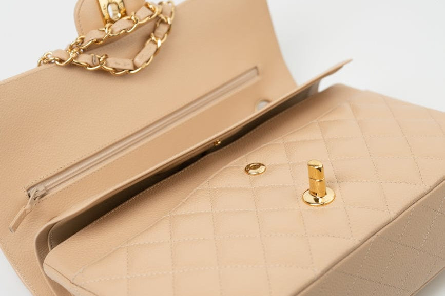 CHANEL Handbag Beige Clair Caviar Quilted Classic Double Flap Medium Gold Hardware - Redeluxe